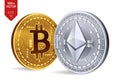 Bitcoin and Ethereum. 3D isometric Physical coins. Digital currency. Cryptocurrency. Golden and silver coins with bitcoin.