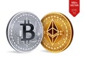 Bitcoin and Ethereum. 3D isometric Physical coins. Digital currency. Cryptocurrency. Golden and silver coins with bitcoin and ethe