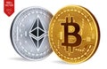 Bitcoin and Ethereum. 3D isometric Physical coins. Digital currency. Cryptocurrency. Golden and silver coins with bitcoin and ethe Royalty Free Stock Photo