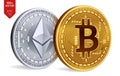 Bitcoin and Ethereum. 3D isometric Physical coins. Digital currency. Cryptocurrency. Golden and silver coins with bitcoin and ethe