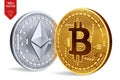 Bitcoin and Ethereum. 3D isometric Physical coins. Digital currency. Cryptocurrency. Golden bitcoin and silver Ethereum coins .