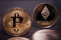 Bitcoin and Ethereum on a dark wooden surface