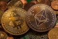 Bitcoin, ethereum and euro coin mix on circuit
