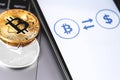 Bitcoin. ethereum, exchanger cryptocurrency on the screen smartphone