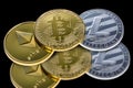 Bitcoin, ethereum and litecoin coins isolated on black background with reflection. Crypto currency electronic money for web bankin