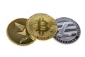 Bitcoin, ethereum and litecoin coins isolated on white background. Close up with selective focus