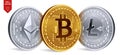 Bitcoin. Ethereum. Litecoin. 3D isometric Physical coins. Digital currency. Cryptocurrency. Silver and golden coins with bitcoin,