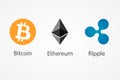 Bitcoin, Ethereum, Ripple vector icons. Cryptocurrency symbols isolated on white background.