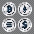 Bitcoin Ethereum Solana US Dollar sign. Isolated vector illustration. Blockchain technology, crypto currency symbol. Virtual money