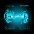 Bitcoin and ethereum symbol with price chart. Cryptocurrency concept. Futuristic vector blue design