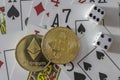 Bitcoin and etherium token with cards and dice Royalty Free Stock Photo