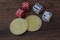 Bitcoin and Etherium Token with Dice Royalty Free Stock Photo