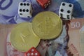 Bitcoin and etherium token with money and dice Royalty Free Stock Photo