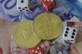 Bitcoin and etherium token with money and dice Royalty Free Stock Photo