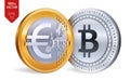 Bitcoin. Euro coin. 3D isometric Physical coins. Digital currency. Cryptocurrency. Golden and silver coins with Bitcoin and Euro s