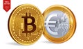 Bitcoin. Euro coin. 3D isometric Physical coins. Digital currency. Cryptocurrency. Golden coins with Bitcoin and Euro symbol isola