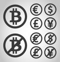 Bitcoin, euro, dollar, font and yen money icons