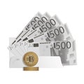 Bitcoin, 500 Euro. Network trading crypto currency. Gold coins standing in front of Euro bills