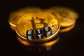 Bitcoin ETF and coins on black with reflection Royalty Free Stock Photo