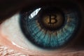 Eye of a person with the bitcoin coin logo in the pupil Royalty Free Stock Photo