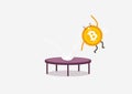 Bitcoin falling on a trampoline. Cryptocurrency cartoon concept