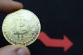 Bitcoin falls in price, on a black background