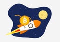 Bitcoin flies on the rocket to the Moon. Cryptocurrency cartoon concept Royalty Free Stock Photo