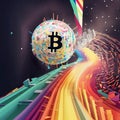 A bitcoin floating over a colorful road. AI generative image