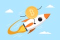 Bitcoin flying on rocket through space clouds in flat design Royalty Free Stock Photo