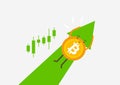 Bitcoin flying up on the sky with green arrow. Increase in price Bitcoin. Cryptocurrency cartoon concept