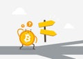 Bitcoin in front of a choice of the way. Cryptocurrency cartoon concept Royalty Free Stock Photo