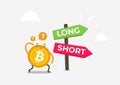 Bitcoin in front of a choice of the way long and short. Cryptocurrency cartoon concept Royalty Free Stock Photo