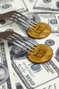 Bitcoin getting New Hard Fork Change, Physical Golden Crytocurrency Coin under the fork on the dollars background. Blockchain Tra