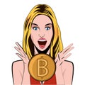 Bitcoin girl emotion of joy bitcoin. Conceptual vector illustration