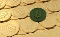 Bitcoin goes green single BTC lying on a heap of golden coins