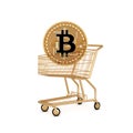 Bitcoin gold and gold cart money trade exchange on white background. Virtual cryptocurrency concept. Financial business and risky.