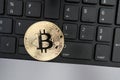 Bitcoin gold coin on computer keyboard. Virtual cryptocurrency Royalty Free Stock Photo