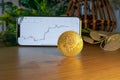 Bitcoin gold coin - crypto chart on a smartphone - cryptocurrency concept candlestick chart - Bull market trend
