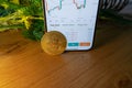 Bitcoin gold coin - crypto chart on a smartphone - cryptocurrency concept candlestick chart - Bull market trend