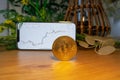 Bitcoin gold coin - crypto chart on a smartphone - cryptocurrency concept candlestick chart - Bull market trend