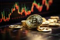 Bitcoin gold coin and defocused chart background. Royalty Free Stock Photo