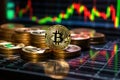 Bitcoin gold coin and defocused chart background. Royalty Free Stock Photo