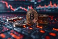 Bitcoin gold coin and defocused chart background. Royalty Free Stock Photo