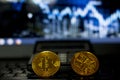 Bitcoin gold coin and defocused chart background. Royalty Free Stock Photo