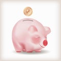 Bitcoin gold coin falling into a piggy bank. Conceptual Realistic vector illustration isolated on white background. Royalty Free Stock Photo