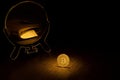 The Bitcoin Gold Coin is reflected in a mirror in the form of a brown leather wallet with a pack of hundred dollar bills, a busine Royalty Free Stock Photo