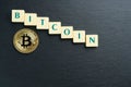 Bitcoin gold coin with text made out of letter tiles