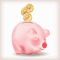 Bitcoin gold coins falling into pig bank. Conceptual Realistic vector illustration isolated on white background. Royalty Free Stock Photo