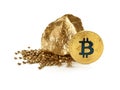 Bitcoin and gold nuggets on white background Royalty Free Stock Photo