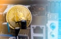 Bitcoin golden coin on circuit background. bitcoin mining concept